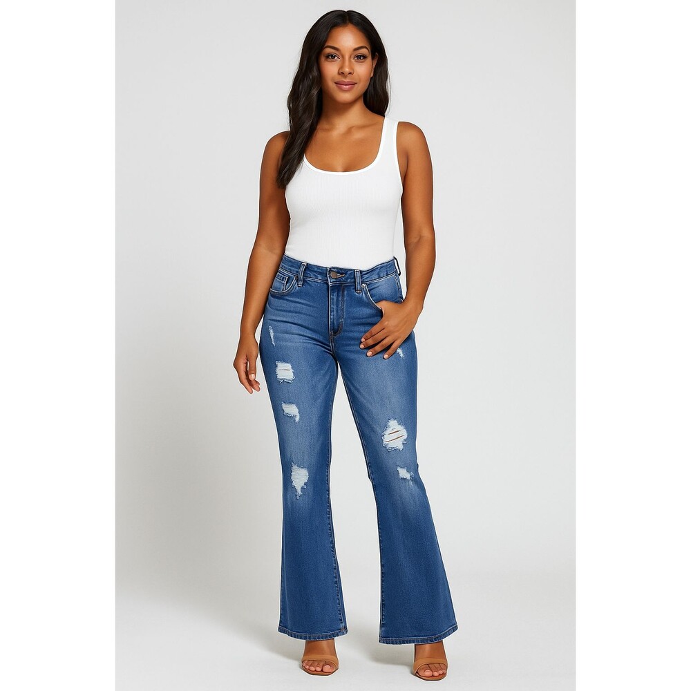 Almost Famous Juniors 9 Blue High Rise Distressed Flare Jeans Stretch Denim